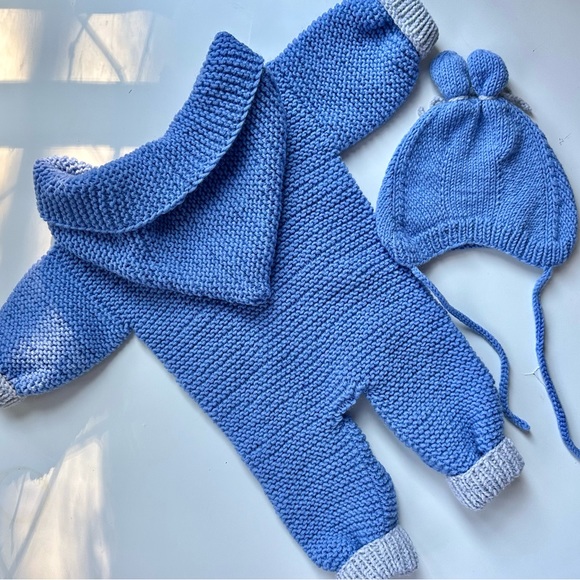 NEW Baby Romper Jumpsuit 0 3 6 months blue handmade Bodysuit Winter - Picture 5 of 5